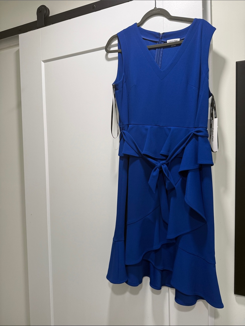 Calvin Klein Royal Blue Sleeveless V-Neck Ruffle Tie-Waist Midi Dress